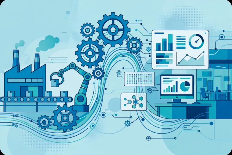 Illustration of an automated workflow connecting factory machines and software dashboards