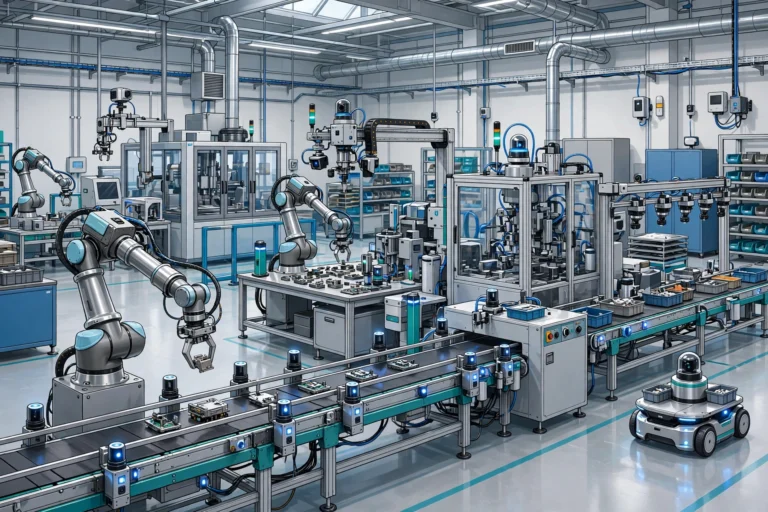 Automated factory floor with robotic arms and conveyor manufacturing machinery