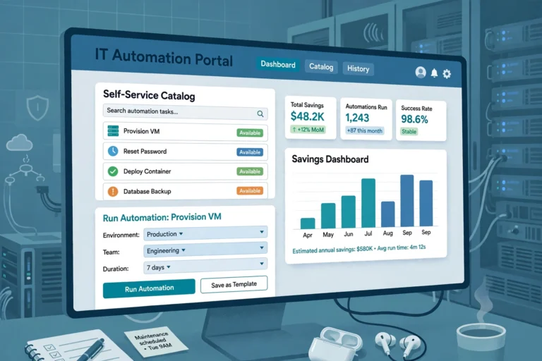 Illustration of an IT automation portal dashboard with a self-service catalog and savings dashboard
