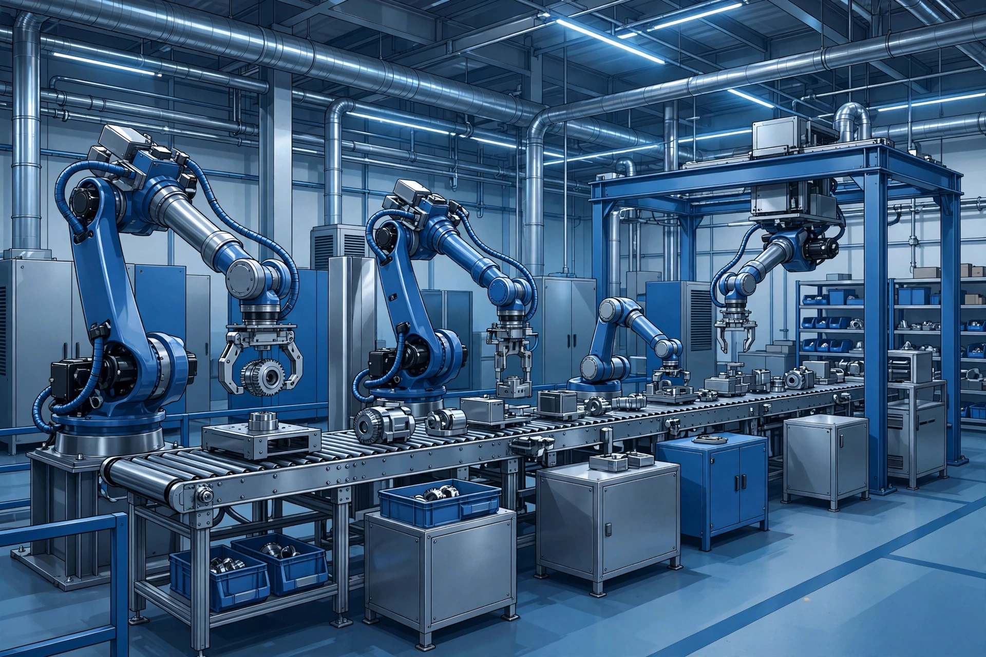 Industrial robotic arms on an automated factory production line