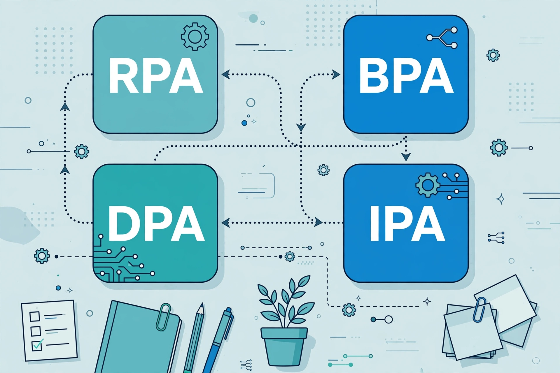 Automation short form: RPA, BPA, DPA, IPA letter tiles connected by workflow lines