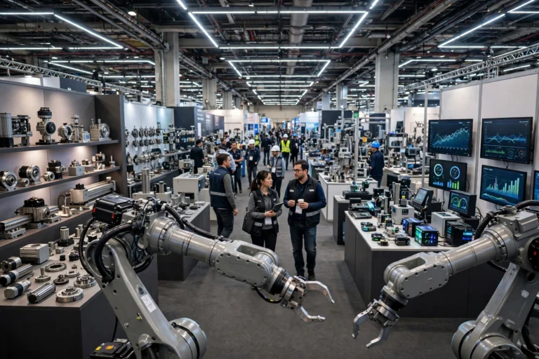 Robotic arms and automation equipment booths on a trade show floor