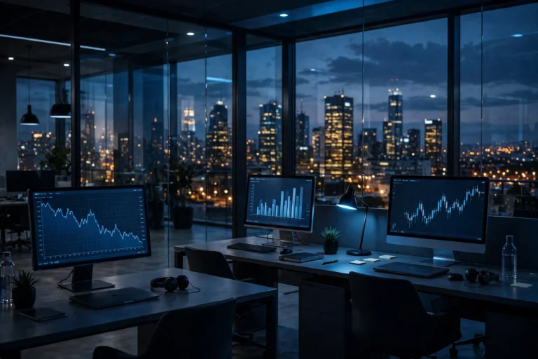 Empty modern bank office at dusk with a city skyline, illustrating AI-driven job cuts at Barclays