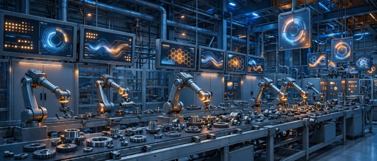 Robotic arms working on an automated factory production line