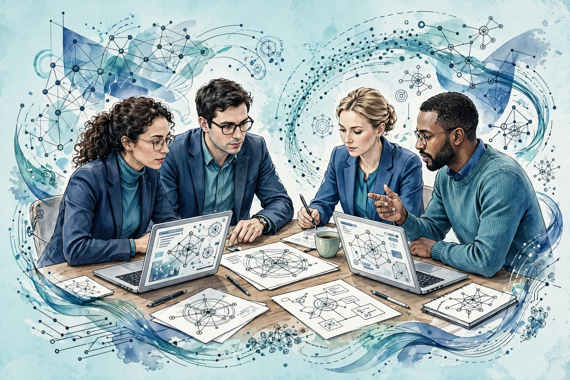 Illustration of a small specialist AI team building custom AI software around a table