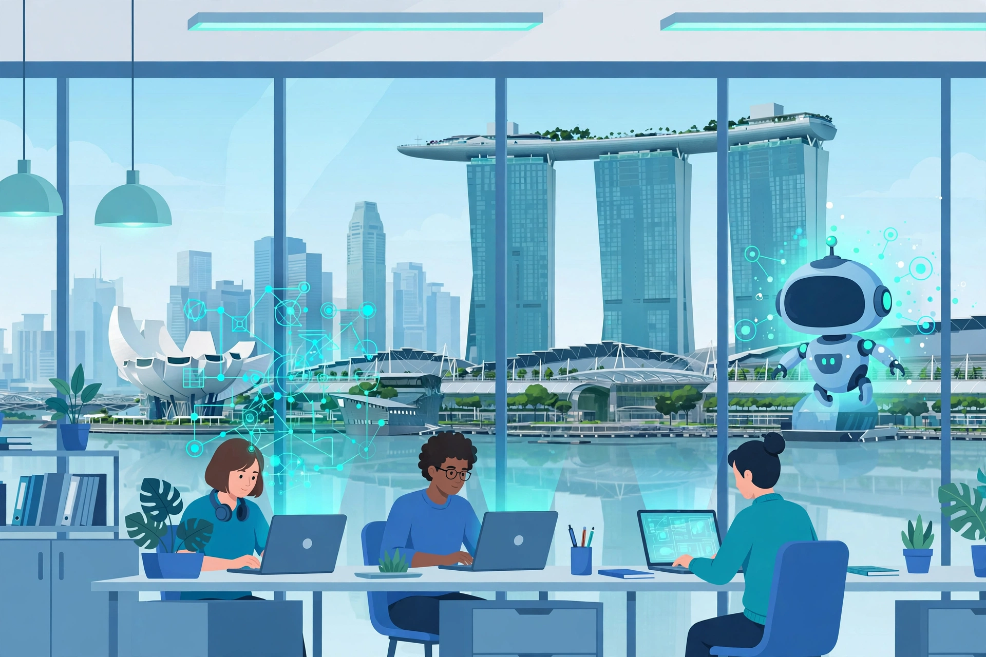 Illustration of a Singapore office with automated workflow diagrams, representing a business automation solution