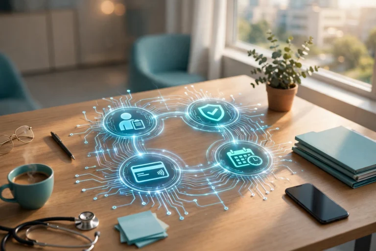 Digital workflow diagram with patient intake, insurance claims, scheduling and billing icons on a hospital office desk illustrating business process automation in healthcare