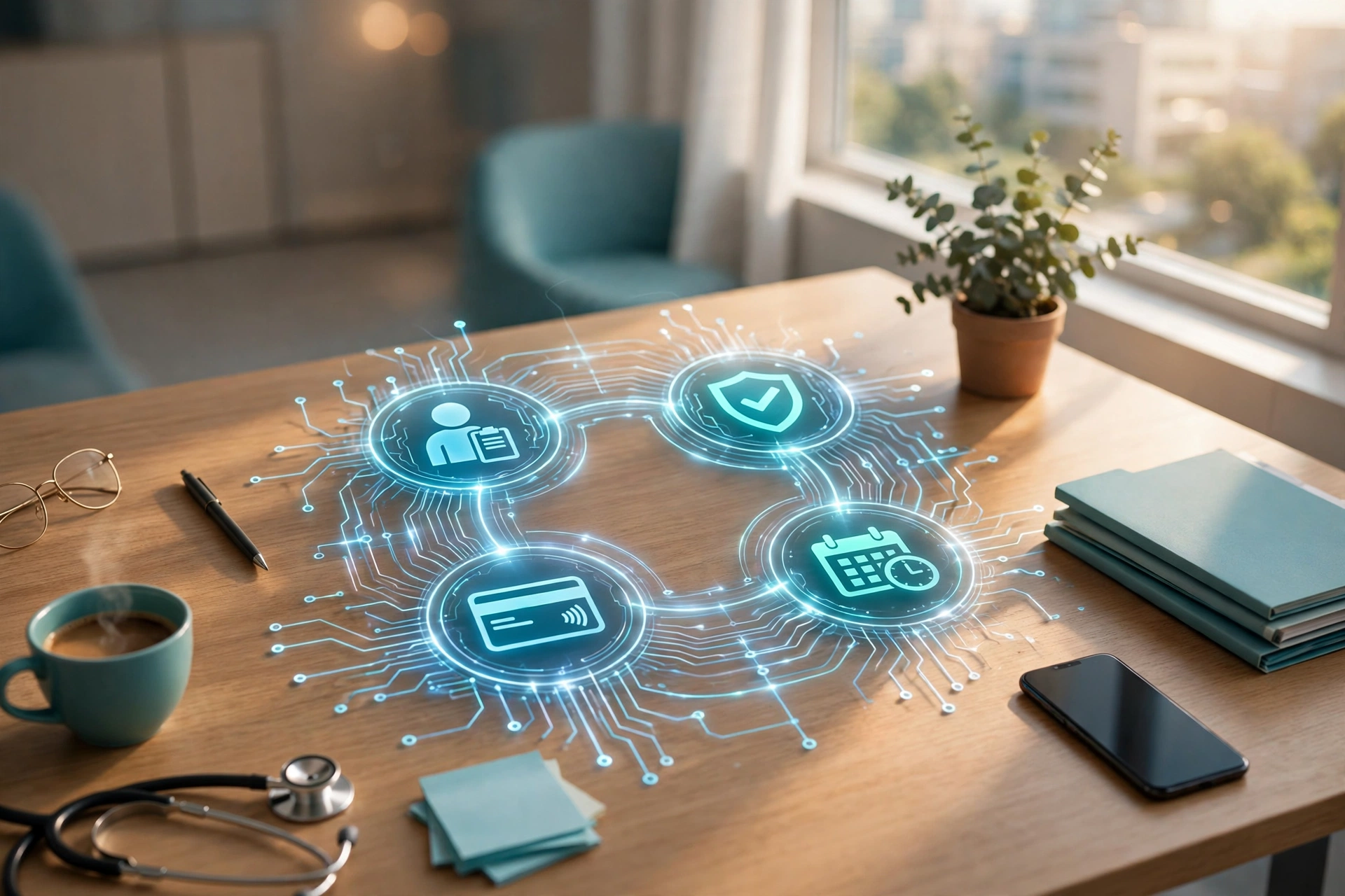 Digital workflow diagram with patient intake, insurance claims, scheduling and billing icons on a hospital office desk illustrating business process automation in healthcare