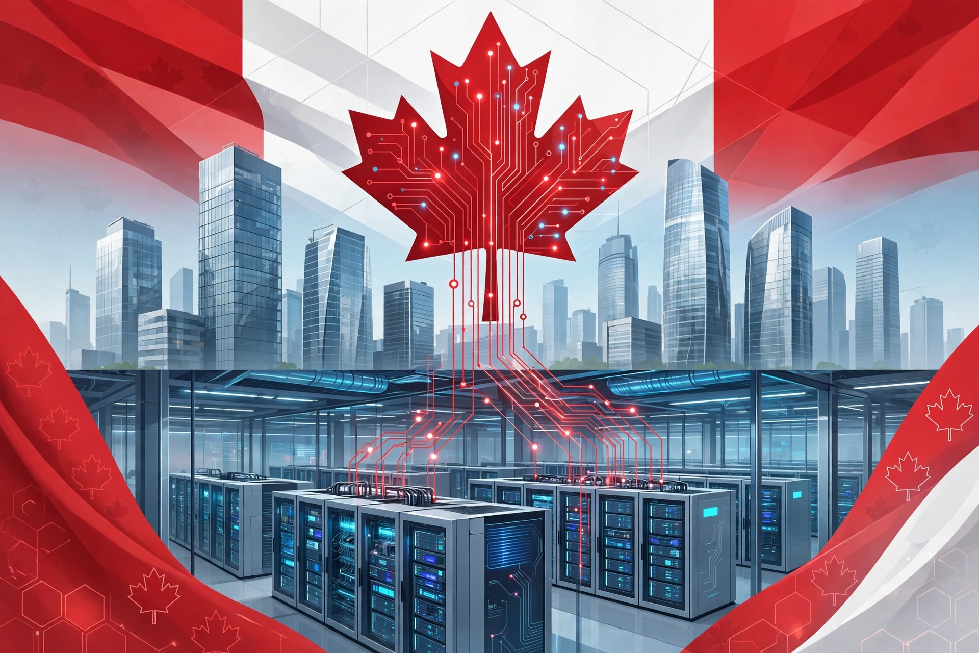 Illustration of Canadian flag colours over AI data-centre servers representing Canada's investment in Cohere