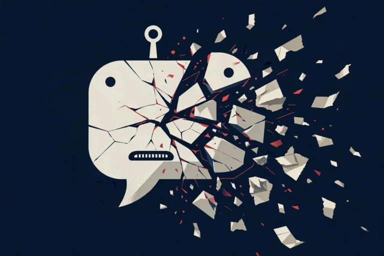 Illustration of a cracking AI chatbot avatar with fragments drifting away