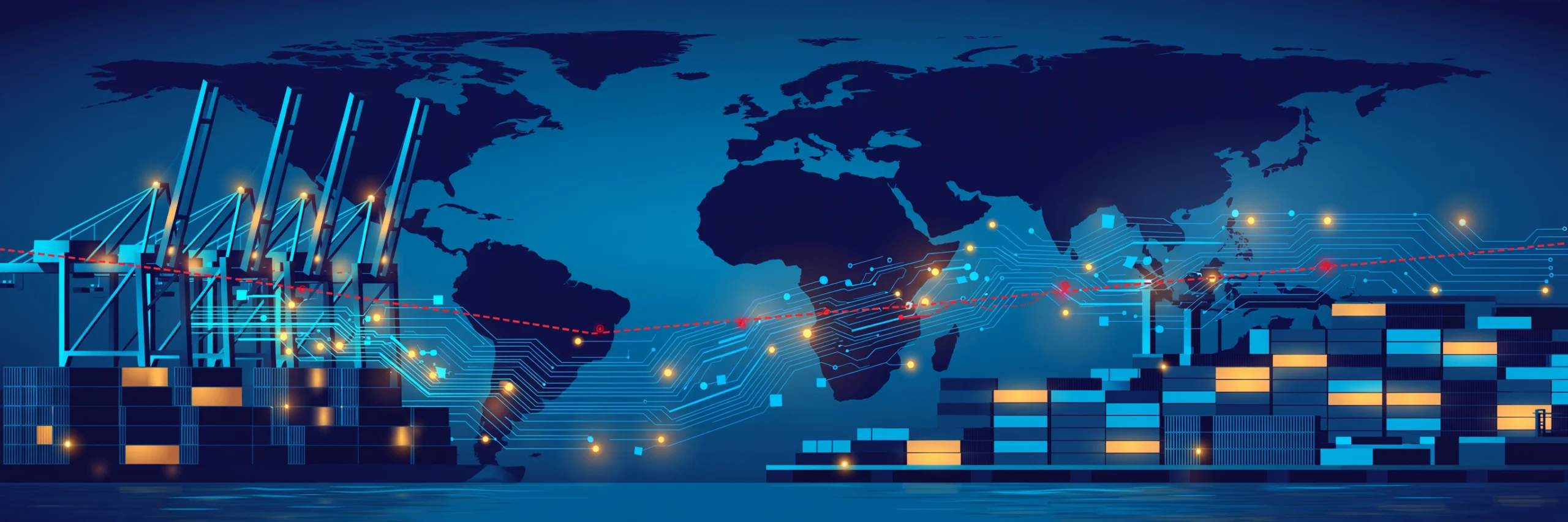 Illustration of glowing circuit traces flowing toward a container port, representing China's proposed AI technology export controls