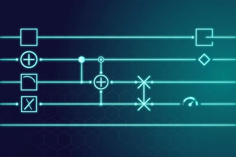 Illustration of a quantum computing circuit with glowing qubit lines and logic gates