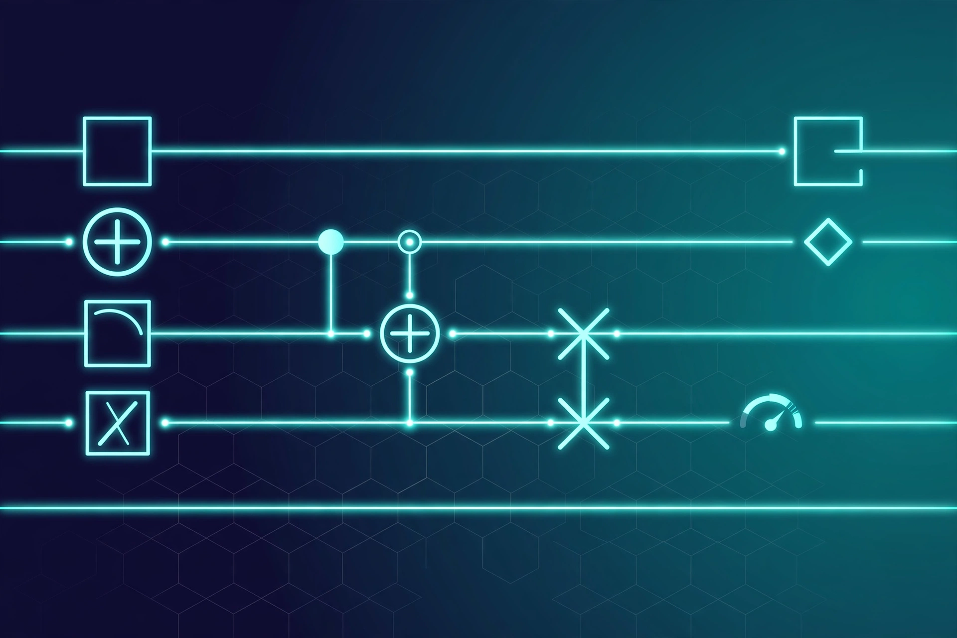 Illustration of a quantum computing circuit with glowing qubit lines and logic gates