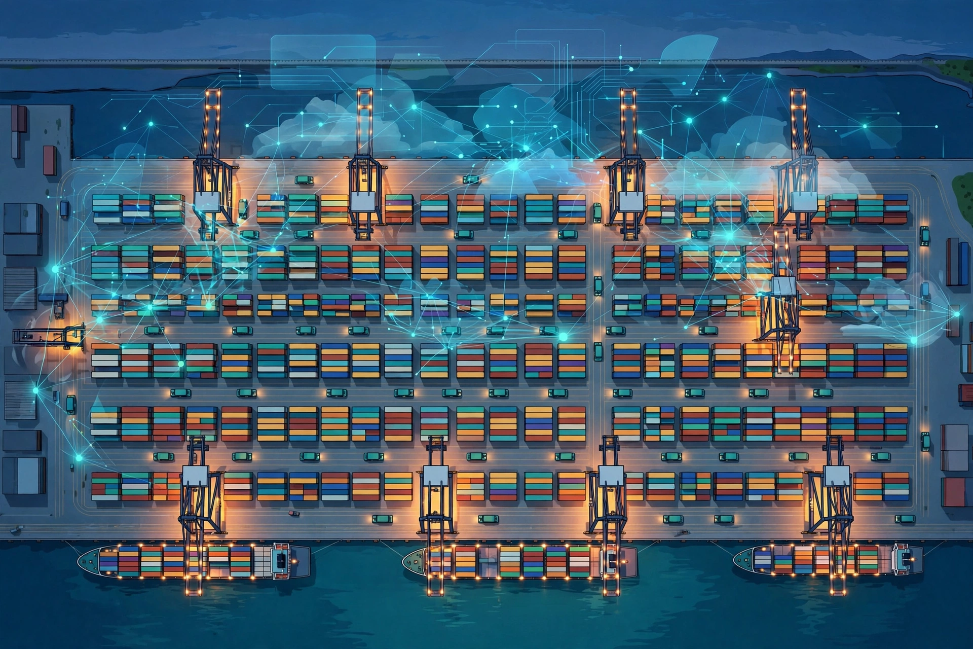 Illustration of a container port terminal managed by cloud terminal automation software, with a cloud-network overlay above cranes and container yards