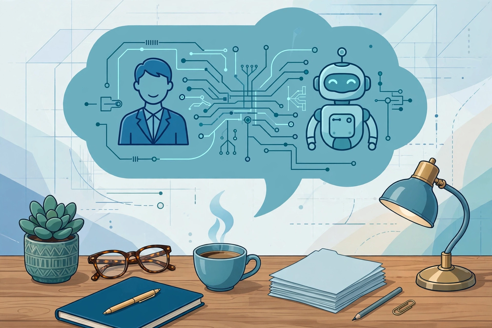 Conversational AI consultant illustration: conversation threads connecting a person and an AI assistant