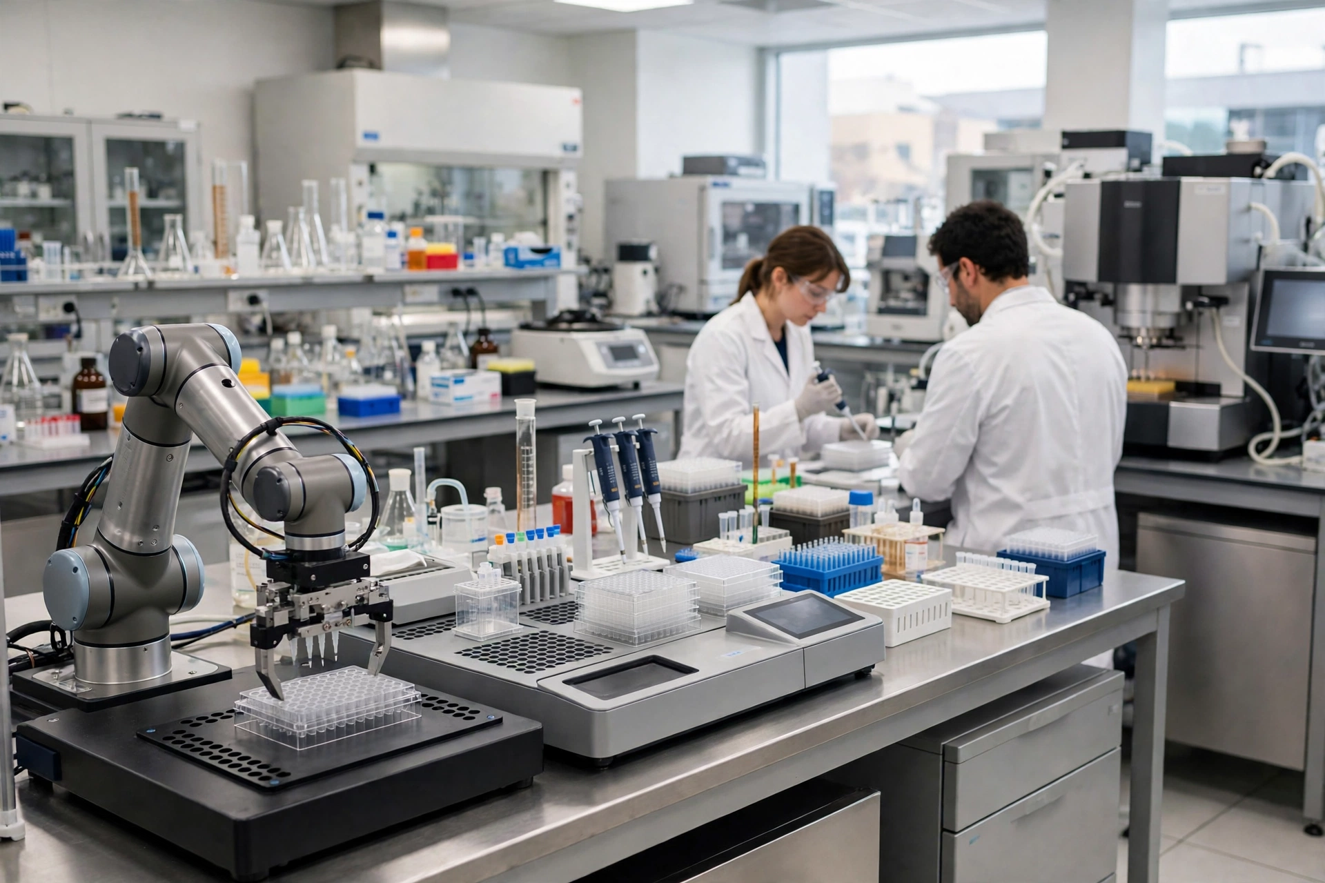 Robotic automation system handling microplates in a life sciences laboratory