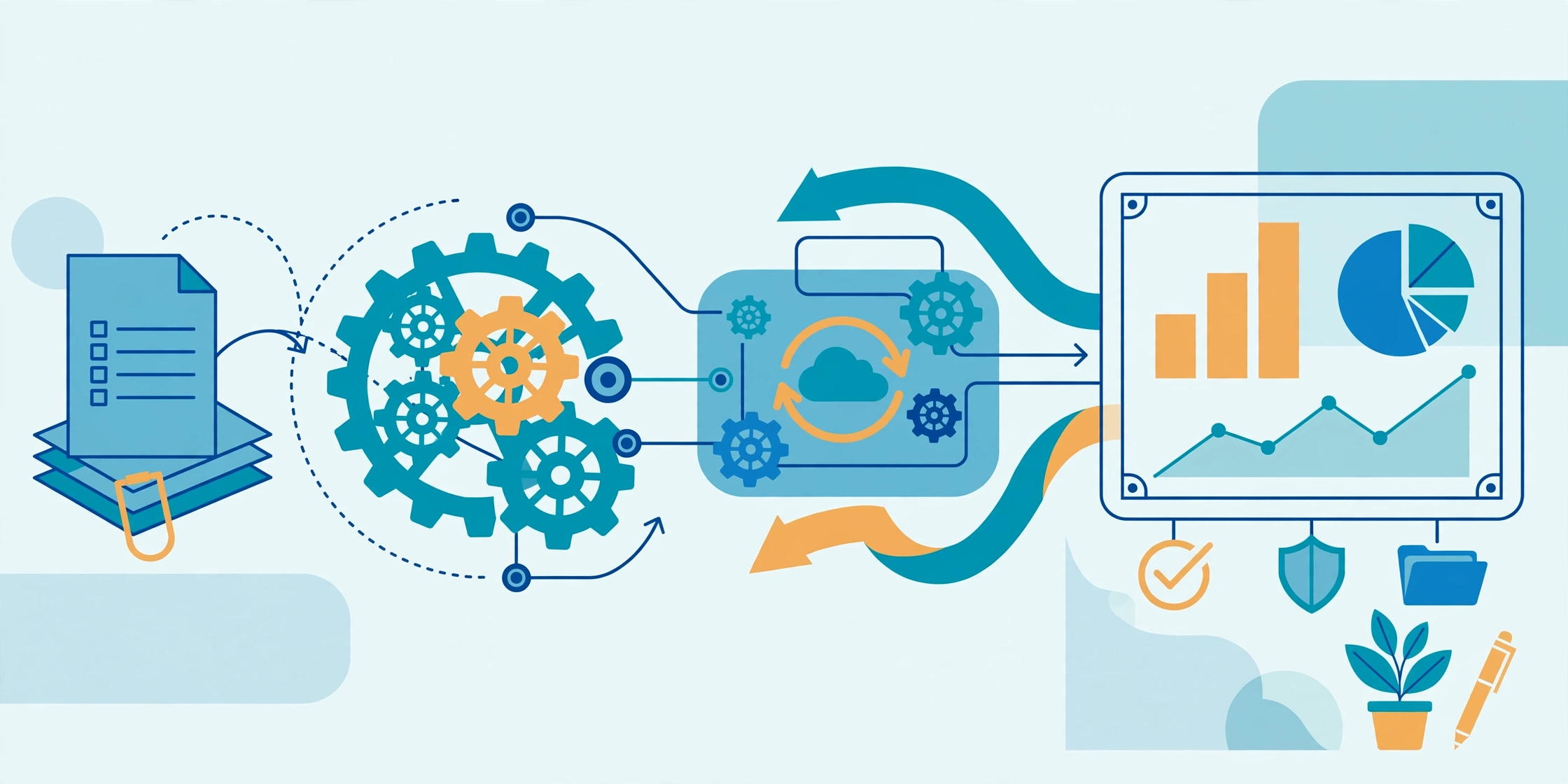 Custom business automation illustration: gears, documents, and a dashboard flowchart connected in an automated workflow
