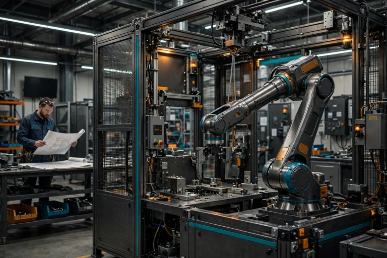 Engineer reviewing blueprints beside a custom-built articulated robotic arm installed in a factory work cell