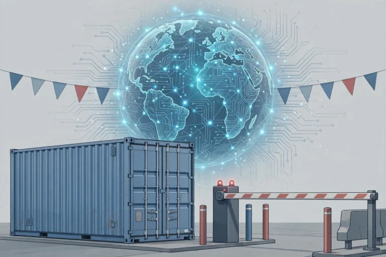 Illustration of AI export controls: a globe with neural-network nodes, a shipping container and a customs checkpoint
