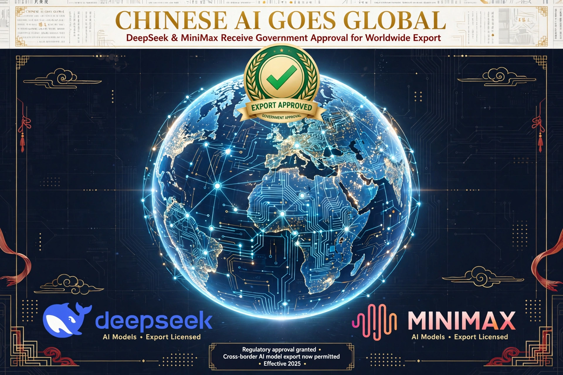 Globe with circuit-board network lines and a green approval checkmark, symbolizing DeepSeek and MiniMax receiving approval for overseas AI use