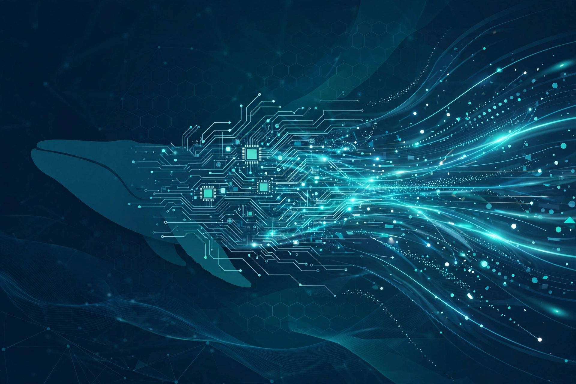 Stylized illustration of the DeepSeek V4.1-Flash-1017 AI model as a whale silhouette dissolving into circuit traces and data streams