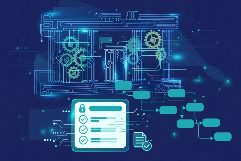 Illustration of digital process automation software in banking: a glowing circuit bank building with automated document workflows and loan approval screens