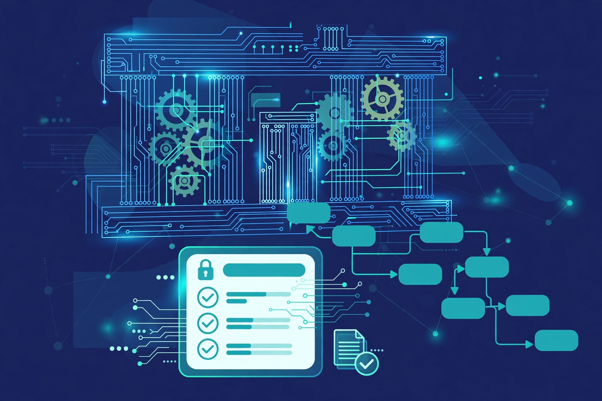 Illustration of digital process automation software in banking: a glowing circuit bank building with automated document workflows and loan approval screens