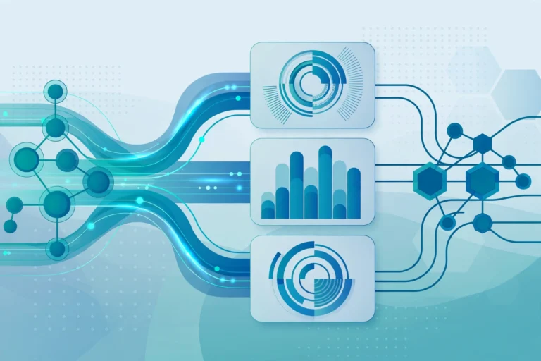 Abstract illustration of interconnected workflow nodes and dashboards representing a digital process automation solution