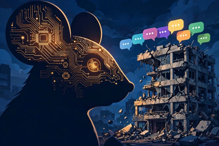 Illustration of a cartoon mouse silhouette with circuitry patterns facing AI chat bubbles over a crumbling startup building