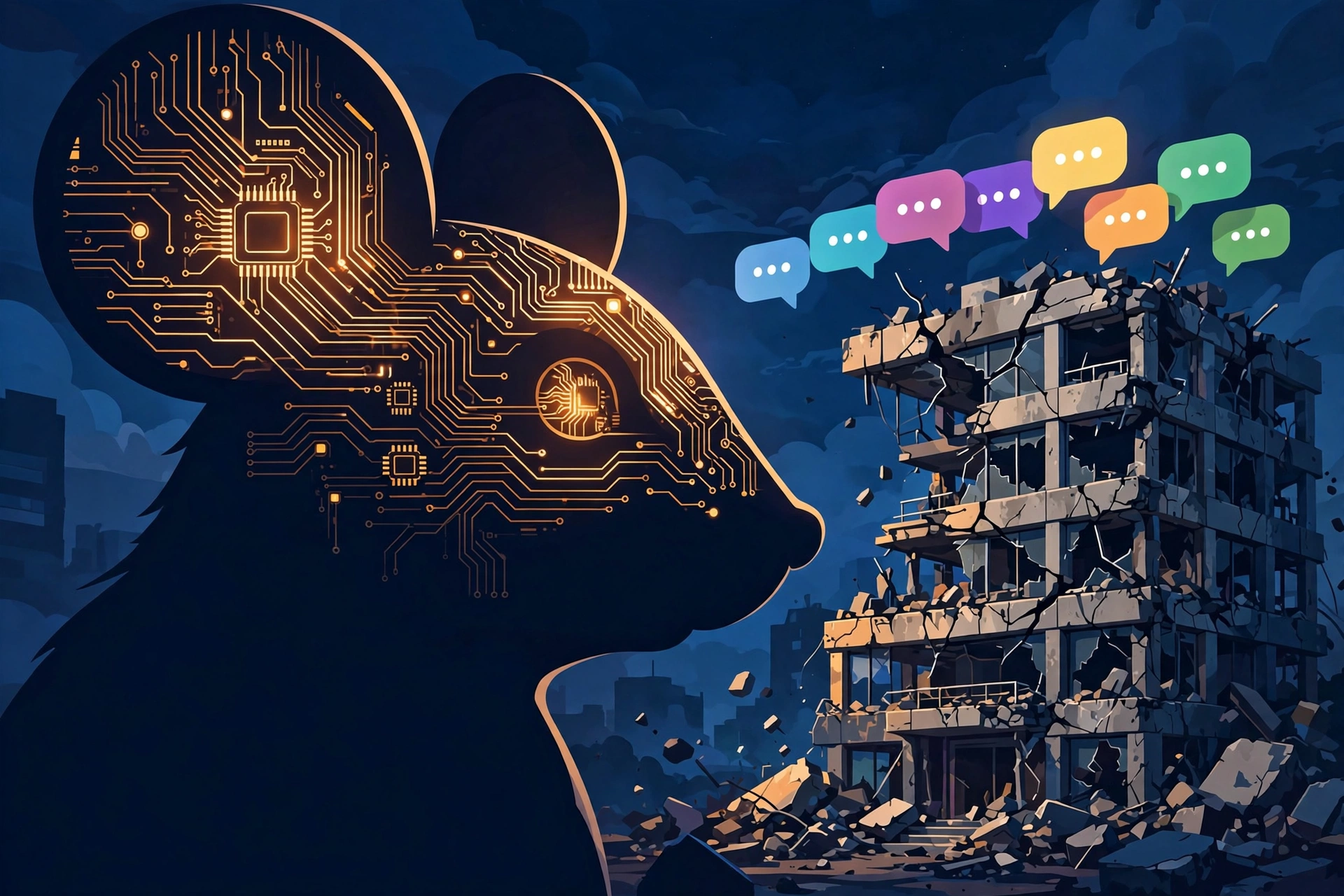 Illustration of a cartoon mouse silhouette with circuitry patterns facing AI chat bubbles over a crumbling startup building