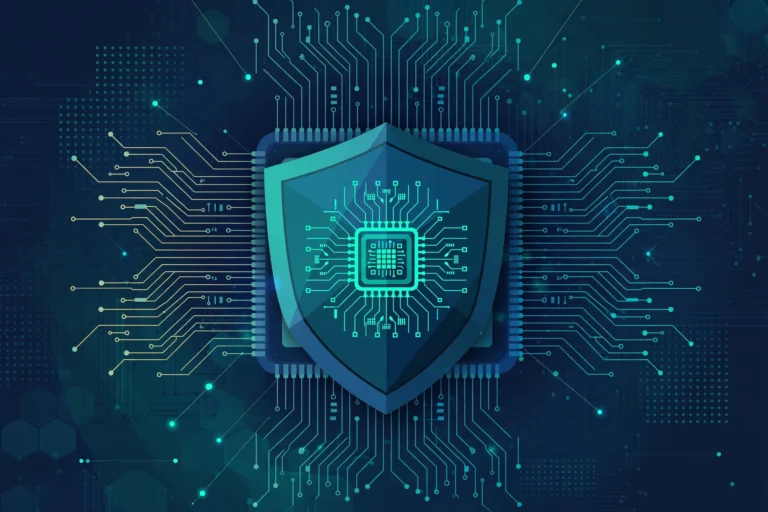 Illustration of a computer chip protected by a shield, representing export-control enforcement for advanced technology