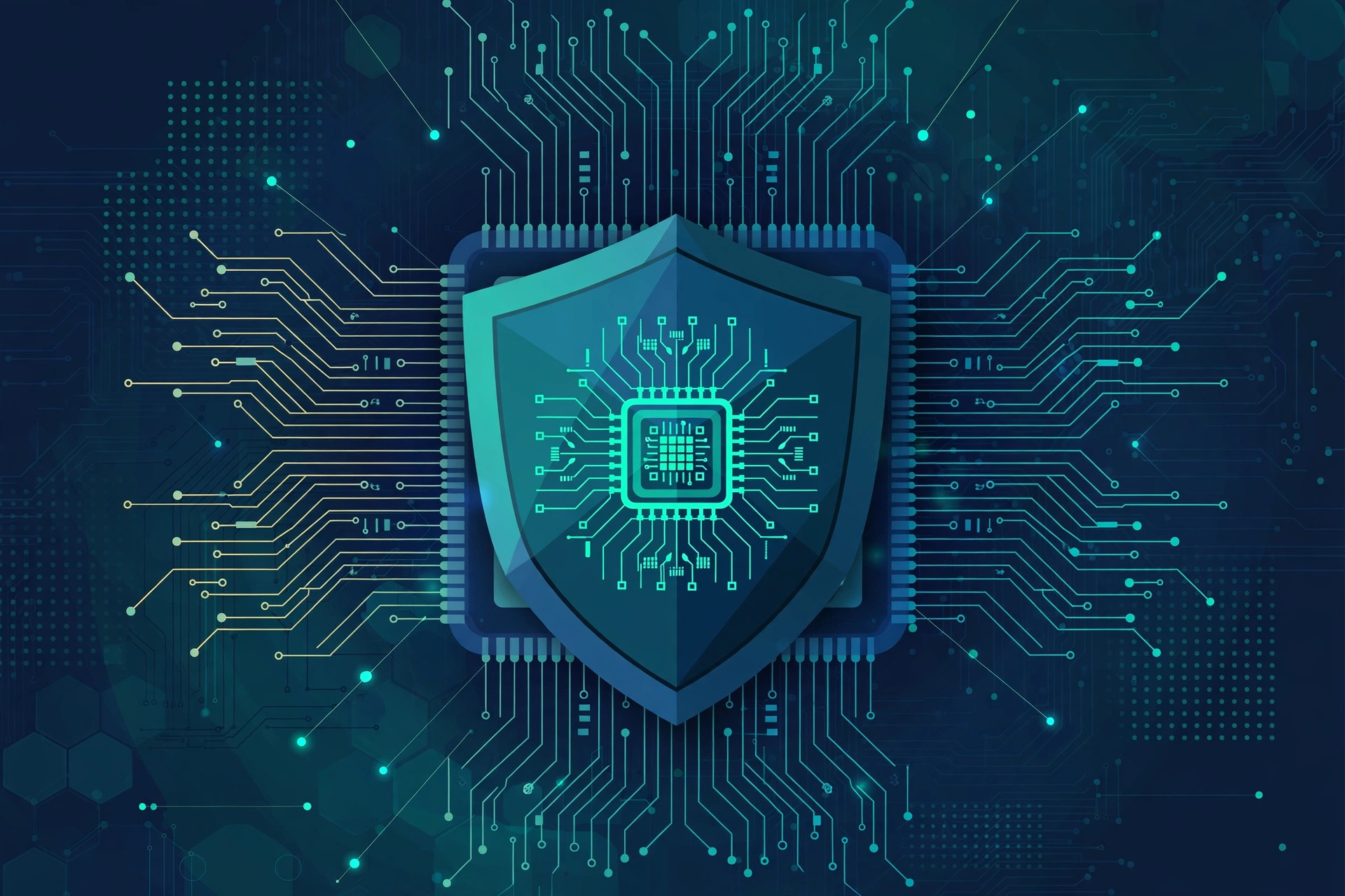 Illustration of a computer chip protected by a shield, representing export-control enforcement for advanced technology