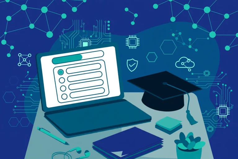 Illustration of a DSST Computing and Information Technology exam study setup with a laptop showing a practice quiz