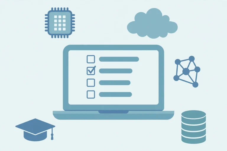 DSST Computing and Information Technology exam study illustration with laptop and tech icons