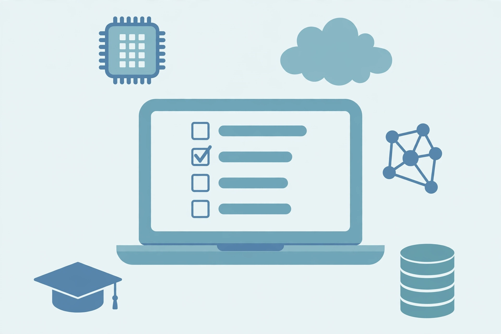DSST Computing and Information Technology exam study illustration with laptop and tech icons
