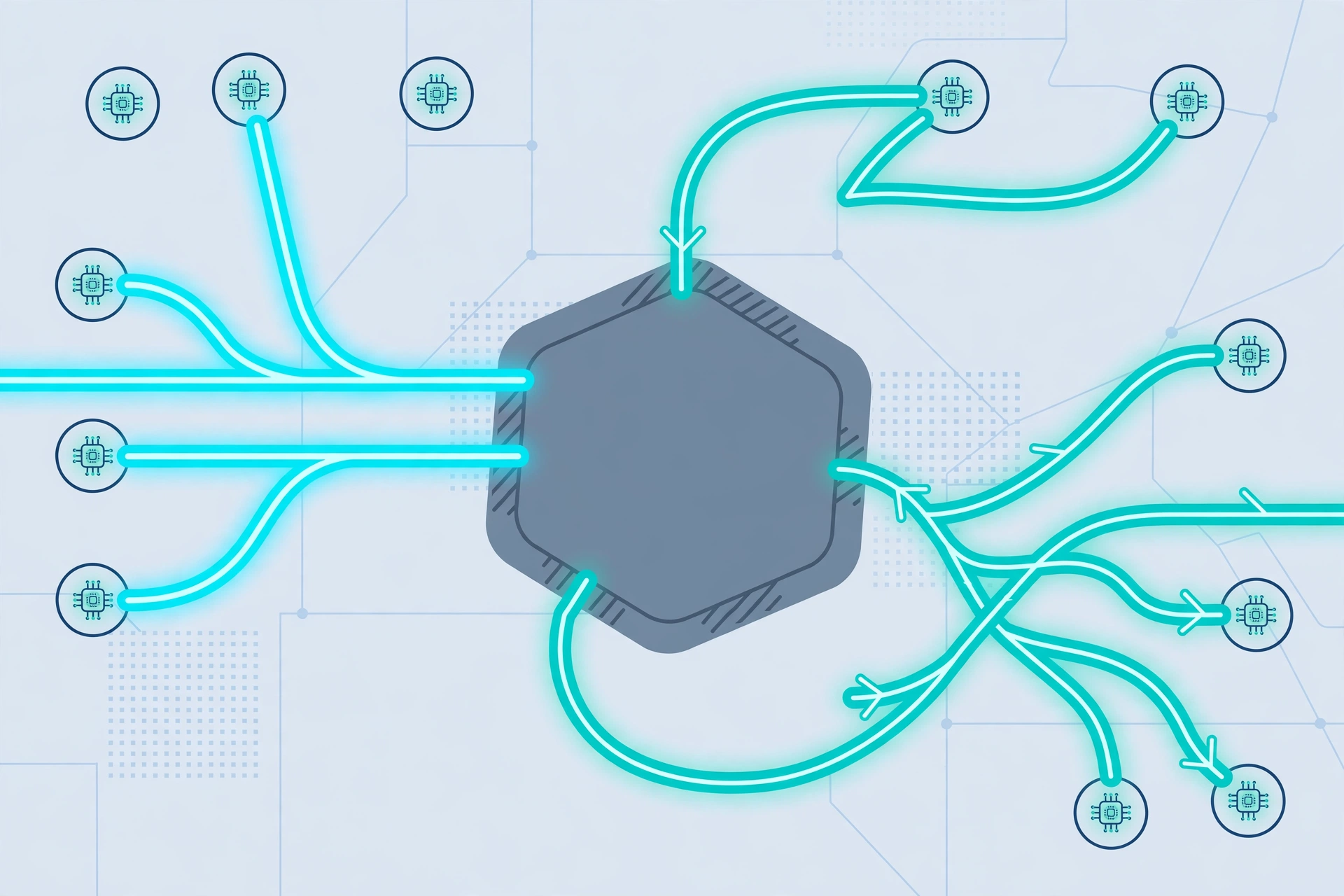 Illustration of dynamic AI agent nodes rerouting their pathways around an obstacle in real time