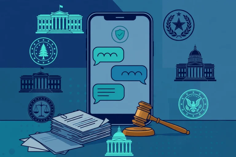 Illustration of a smartphone showing chat bubbles with a shield icon, surrounded by courthouse buildings, state seals, and a judge's gavel