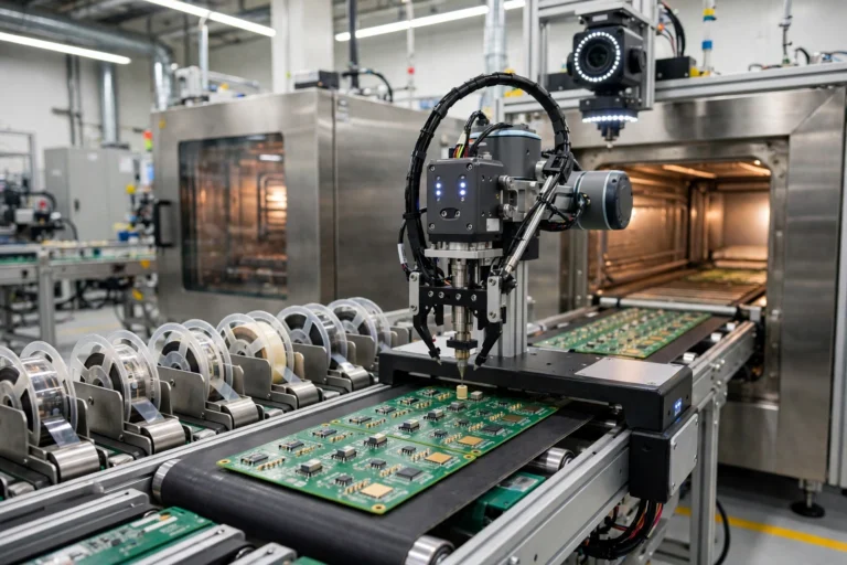 Automated electronics assembly line with a robotic pick-and-place machine placing components on a circuit board