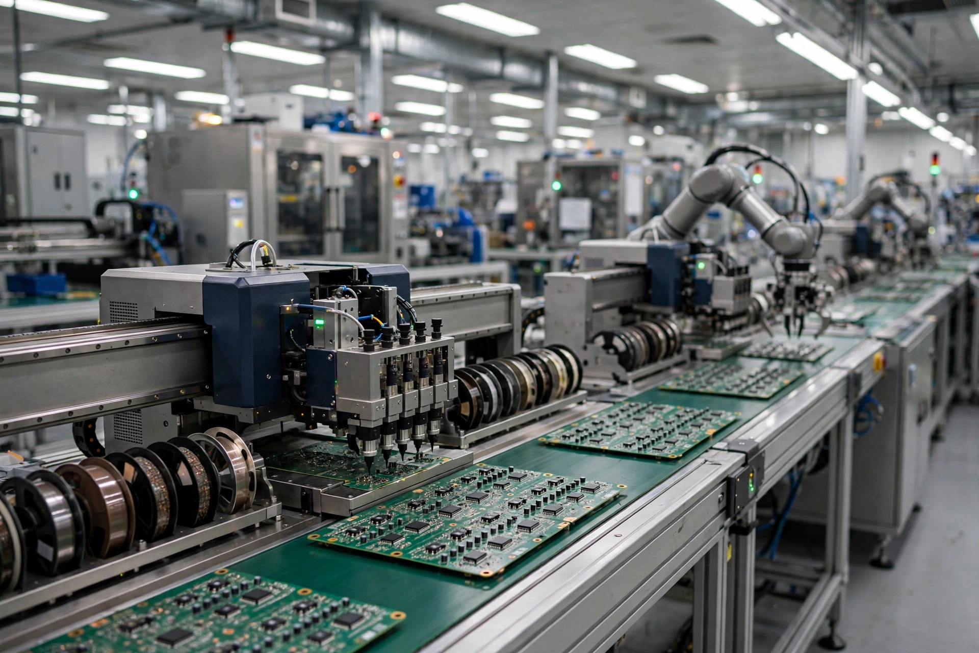 Automated SMT assembly line with pick-and-place machines placing components on printed circuit boards