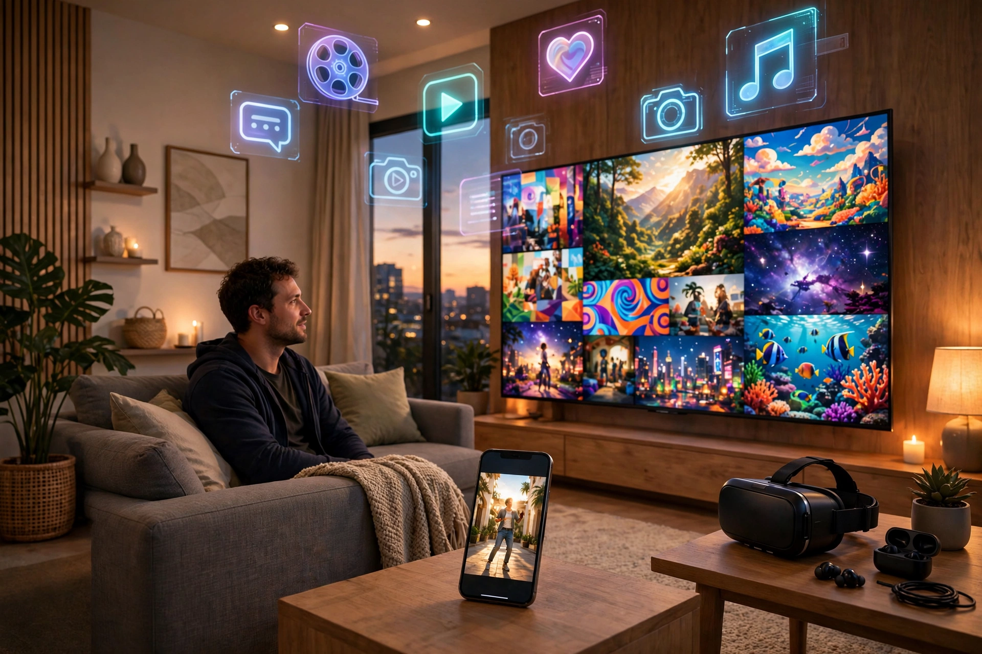 Living room with a large TV showing streaming content, a smartphone with short video, and a VR headset on a side table