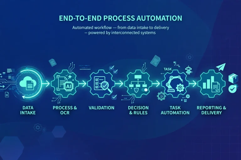 Illustration of an end-to-end process automation workflow connecting business stages