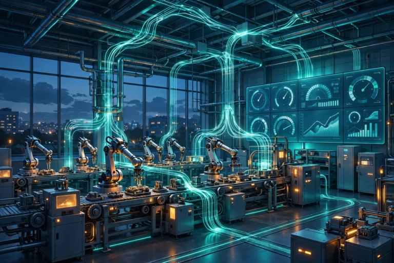 AI energy optimization in a smart manufacturing plant — robotic assembly line with glowing energy-flow overlays and efficiency dashboards