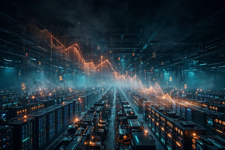 Illustration of a futuristic AI data center with a downward-trending financial chart symbolizing investment risk