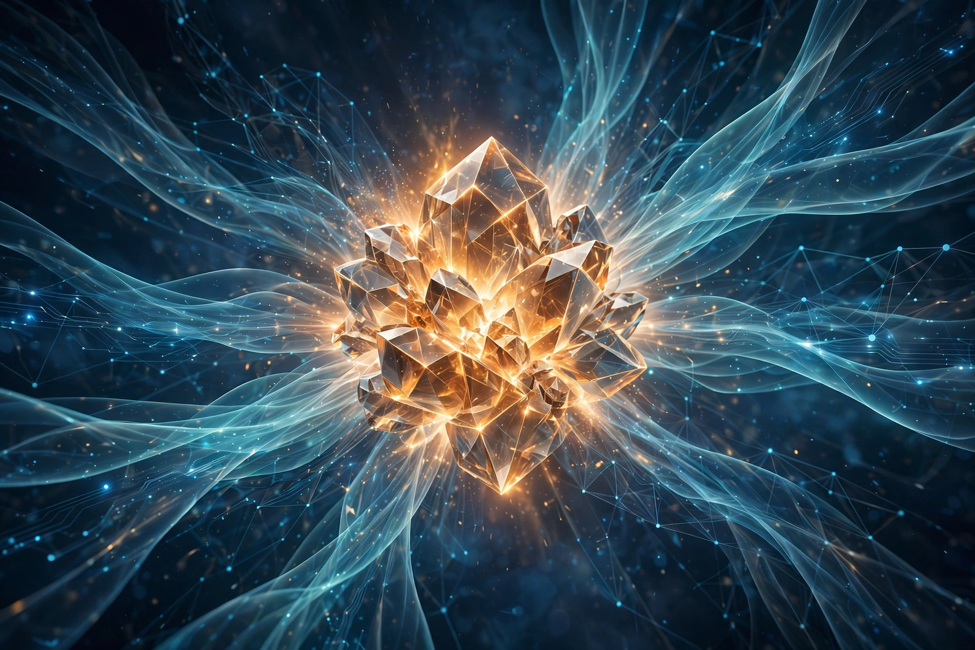 Abstract illustration of a glowing crystal core with radiating data streams, representing Google's Gemini 4 Argon AI model launch