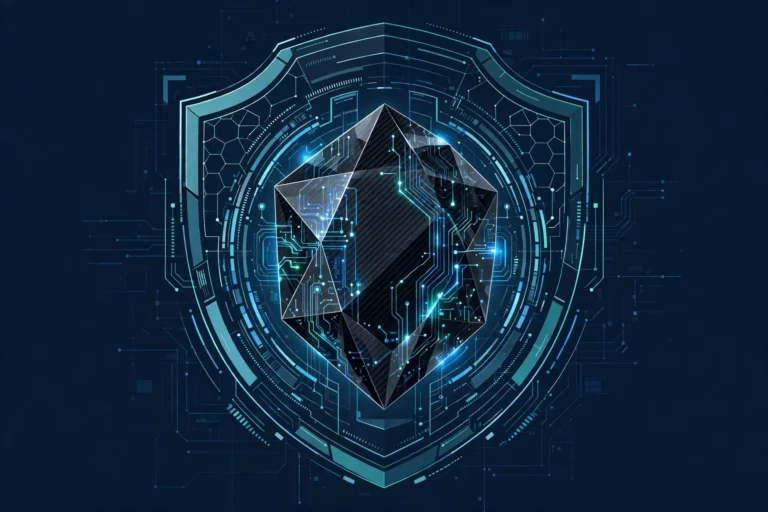 Glowing carbon-crystal AI core with a digital shield motif representing Gemini 4 Carbon's cybersecurity focus