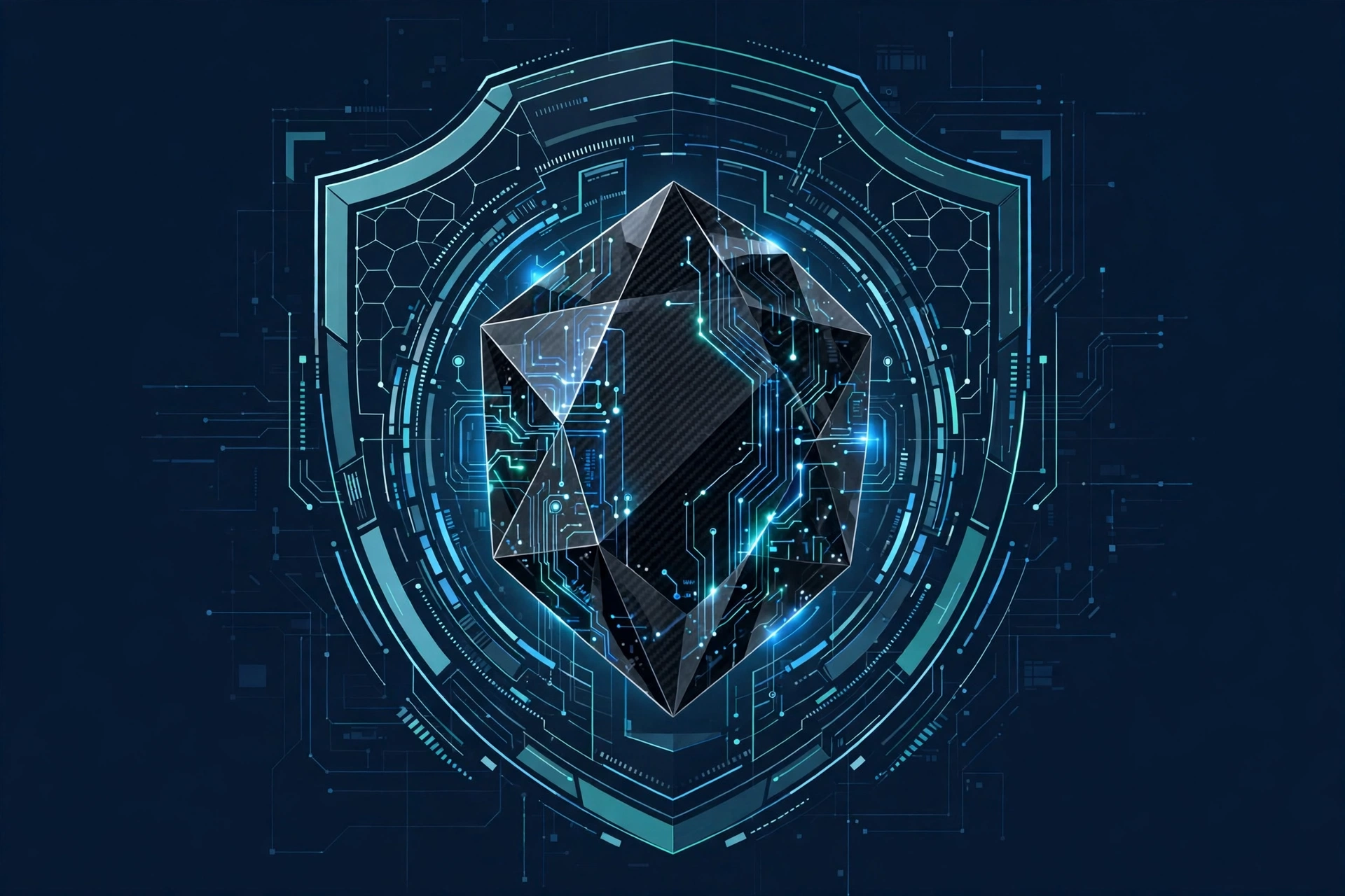 Glowing carbon-crystal AI core with a digital shield motif representing Gemini 4 Carbon's cybersecurity focus