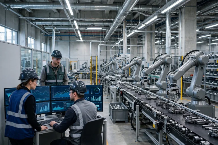 Robotic arms working on an automated factory production line