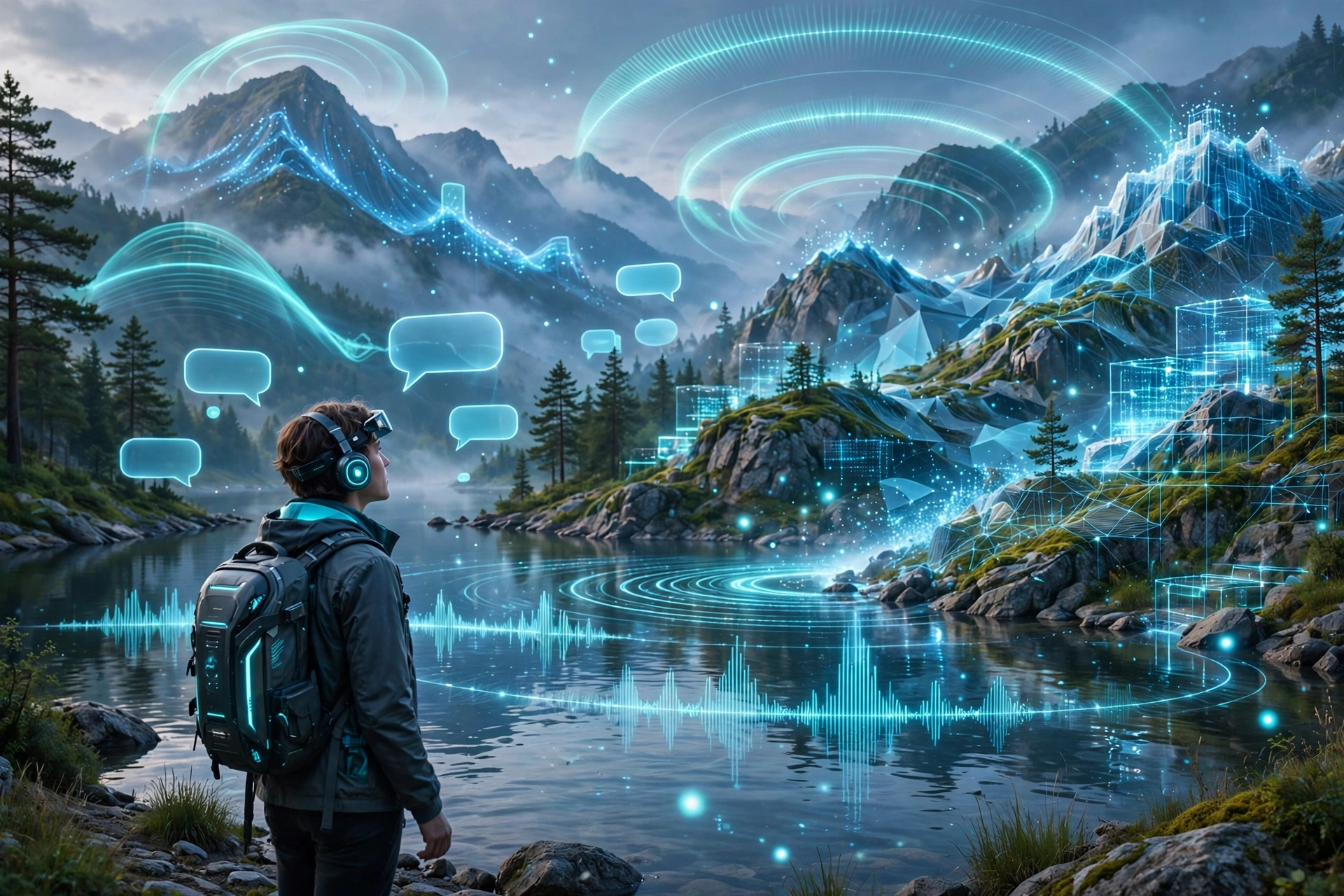 An AI-generated explorable world with a lakeside scene, characters, and sound waves showing Google DeepMind Genie 4