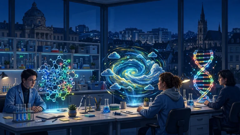 Illustration of Google's frontier AI models opening to European researchers with protein, weather, and DNA visualizations