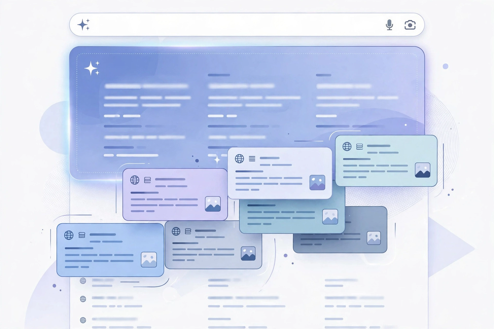 Illustration of website links rising prominently from an AI search answer panel